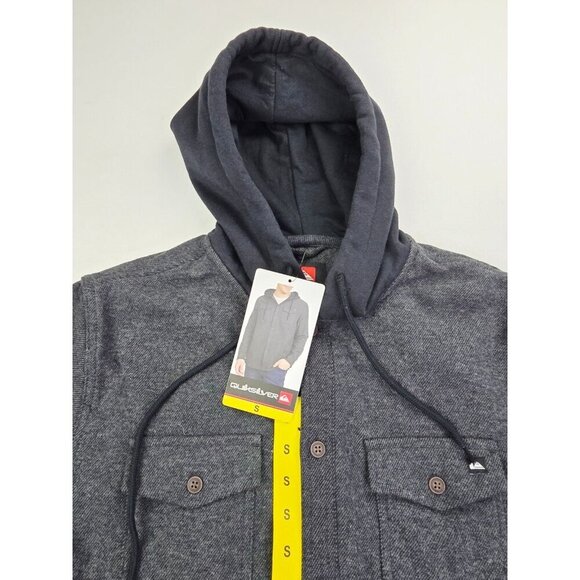 Quicksilver Size Small Men Black Cotton Hooded Flannel Button Up Pocket Logo NWT - Picture 10 of 10